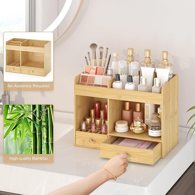 Makeup Organizer with Drawers, Bamboo Countertop Cosmetic Storage for Dresser Vanity Organizer Beauty Desk Skincare Holders Container Make Up Organizing for Lipstick