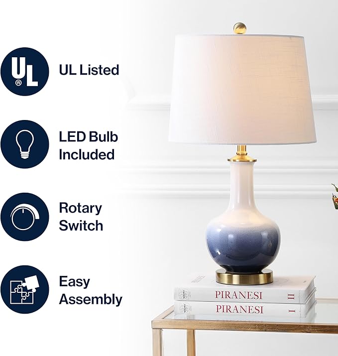 JONATHAN Y JYL3019A Gradient 25" Ceramic/Brass LED Table Lamp Contemporary Traditional Bedside Desk Nightstand Lamp for Bedroom Living Room Office College Bookcase LED Bulb Included, White/Navy