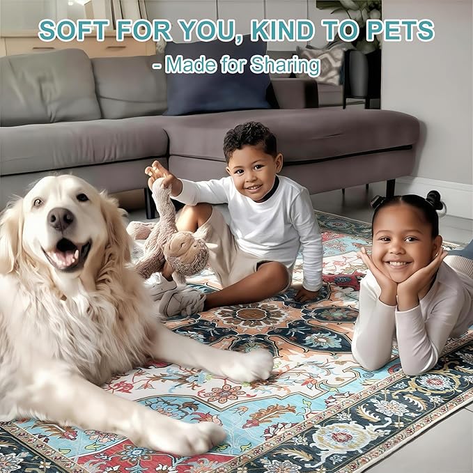 WILLSUN Washable Area Rugs, 2x6 Non-Slip Boho Area Rugs for Kitchen, Living Room, Bedroom, Machine Washable Vintage Rug, Indoor Floral Print Carpet for Home Decor, Kid & Pet Friendly Mat