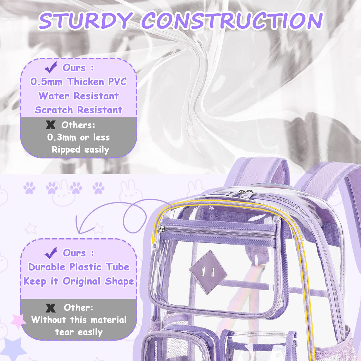 PIG PIG GIRL Clear Backpack for School,Heavy Duty PVC Transparent Bookbag for Girls Stadium Approved See Through Backpack