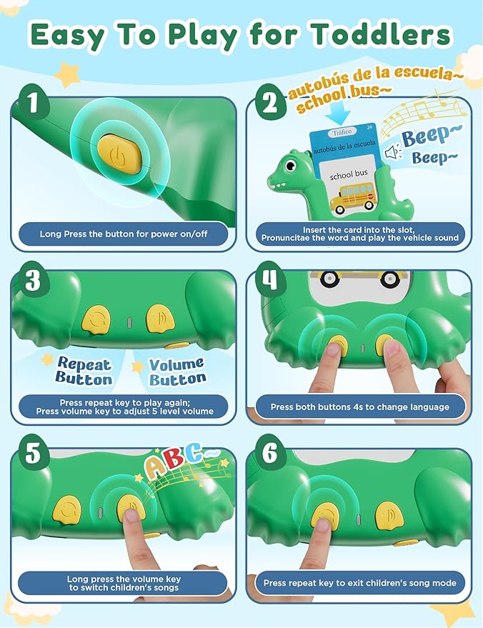 Spanish and English Talking Flash Cards for Toddlers with 510 Sight Words, Dinosaur Shaped Bilingual Buddy Pocket Speech Therapy Autism Toys, Educational Learning Toys Gift for Kid Boys Girls