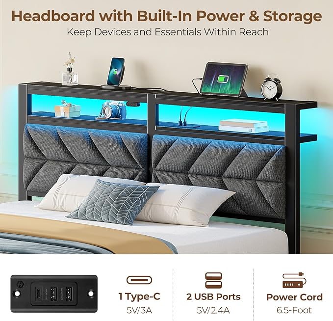 Seventable Bed Frame King Size with Charging Station, LED Bed with Upholstered Storage Headboard, Metal Platform Bed with Under Bed Storage, No Box Spring Needed, Noise Free, Easy Assembly, Grey