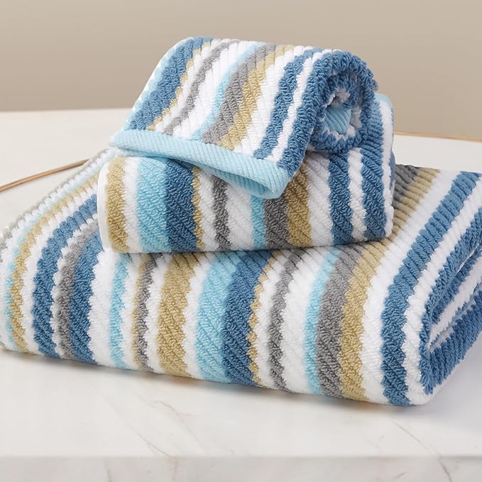Striped Towels Set, 3PC Bathroom Towels - 100% Cotton | Quick Dry | Soft | Absorbent, 1 Bath 28"x52", 1 Hand 16"x27", 1 Face 13"x13", Luxury Bath Towels with Hanging loops, Blue+Gray+Beige Stripe