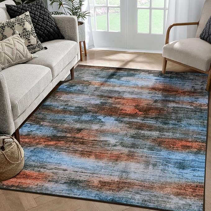 WILLSUN Washable Area Rugs, 4x6 Non-Slip Boho Large Area Rugs for Living Room, Bedroom, Machine Washable Vintage Rug, Indoor Floral Print Carpet for Home Decor, Kid & Pet Friendly Mat