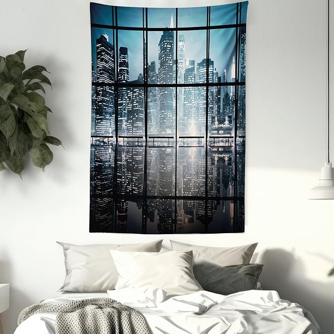Ambesonne Modern Tapestry Twin Size, Modern New York City Scenery at Night with Skyscrapers Buildings Print, Wall Hanging Bedspread Bed Cover Wall Decor, 68" X 88", Black Blue
