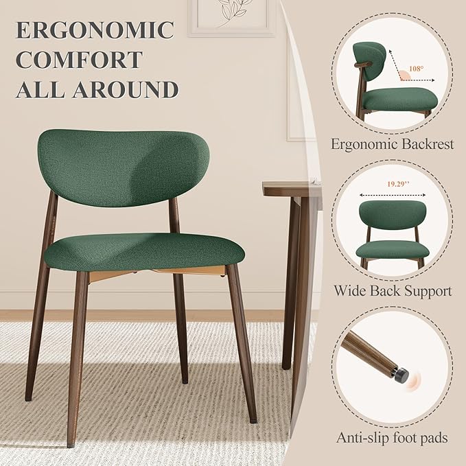 Dining Chairs Set of 4, Upholstered Dining Room Chairs with Metal Legs and Anti Slip Pads, Curved Back Kitchen Chair for Home and Restaurant Use, Green