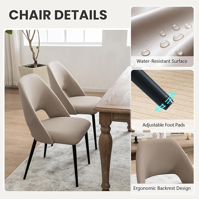 Rowill Dining Chairs Set of 4, Mordern Upholstered Faux Leather Dining Room Chairs, Kitchen Side Chairs with Metal Legs for Guest Reception Waiting Living Room, Khaki