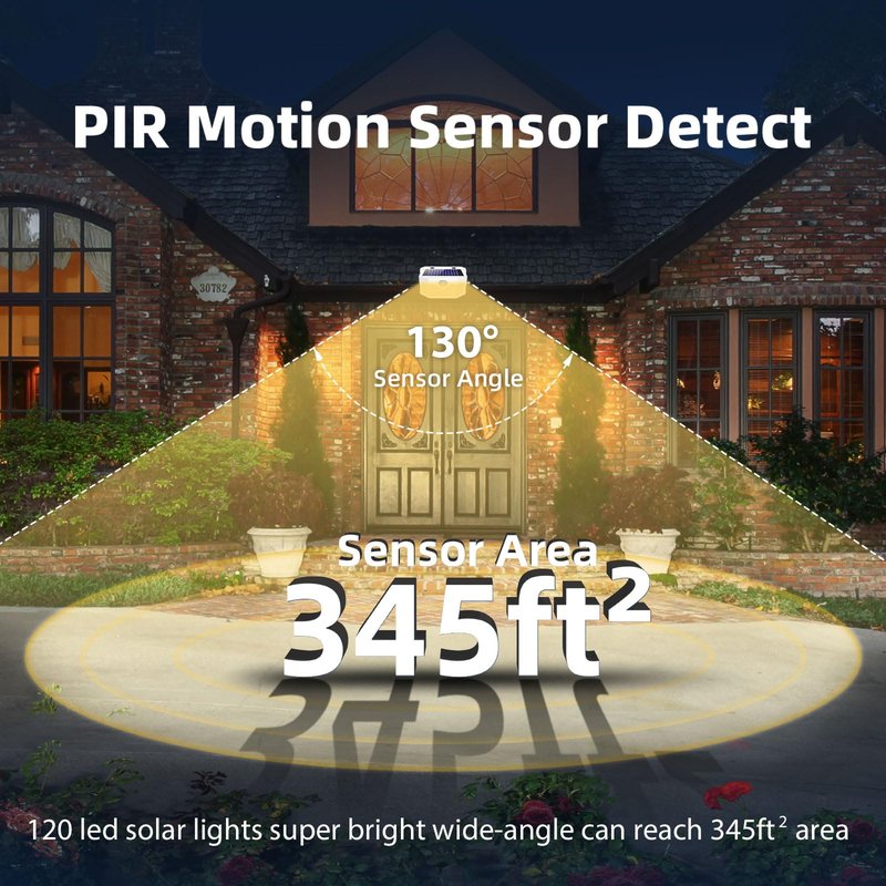 HMCITY 120 LED Solar Lights Outdoor with Motion Sensor and 3 Lighting Modes, IP65 Waterproof Wide Solar Wall Lights Ideal for Garden Patio Yard (Front Button 8Packs, White Shell-Warm White)