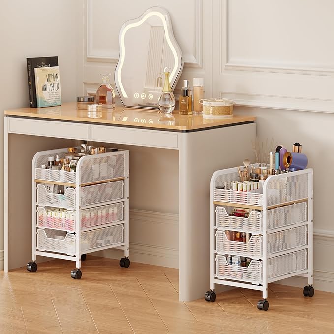 Rolling Makeup Cart Organizer with 3 Drawers, 4-Tier Narrow Floor Skincare Organizers with dividers, Vanity Organizer Cosmetics Display Cases for Makeup Brush, Hair Tool, White