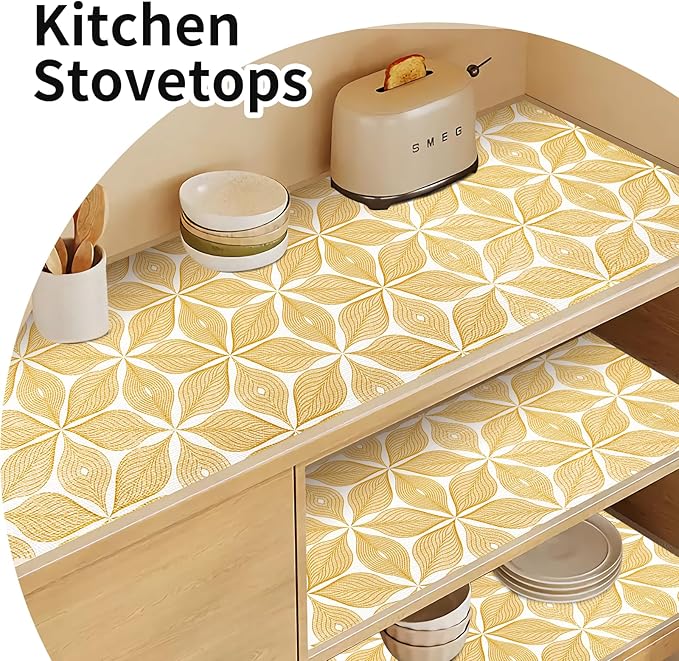 Shelf Liners for Kitchen Cabinets 17in x 30FT, Non Adhesive Cabinet Liner Strong Non-Slip Golden Leaf Drawer Liner, Easy to Clean for Shelf, Cabinet with Knife and Tape Measure