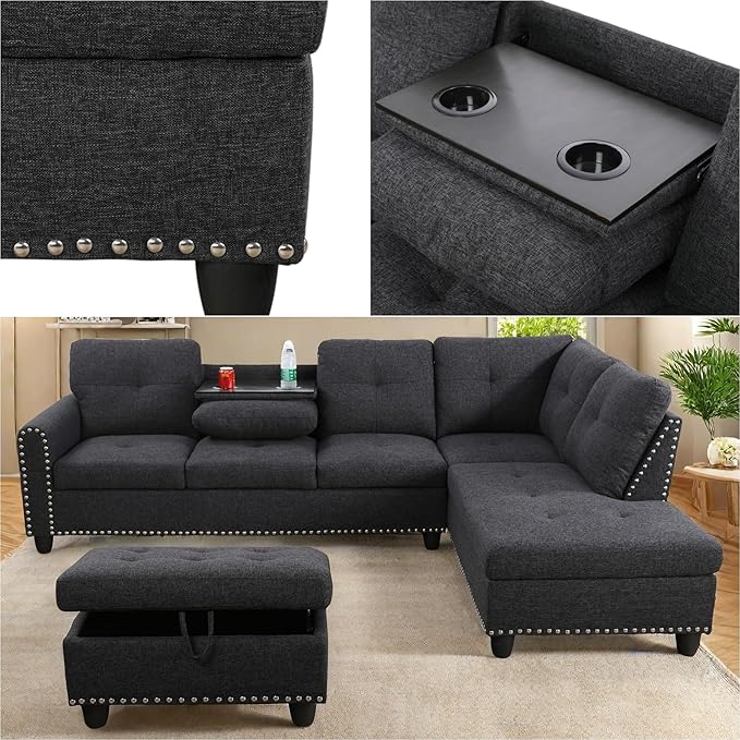 Large Storage Ottoman Sectional Sofa, L-Shaped Couch with Reversible Chaise, Space Saving Design, Gray Fabric with Accent Pillows. (Dark Gray)