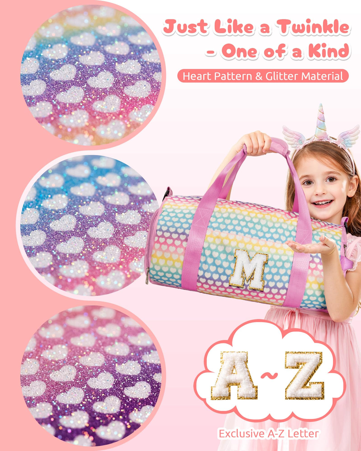 Vogewood Birthday Gift for 3 4 5 6 7 8 9 10 Year Old Girls-Kids Travel Duffle Bag with Makeup Pouch, Customized Girls Gymnastics Bag with Shoe Compartment, Dance Recital Gifts for Girls (Letter A)