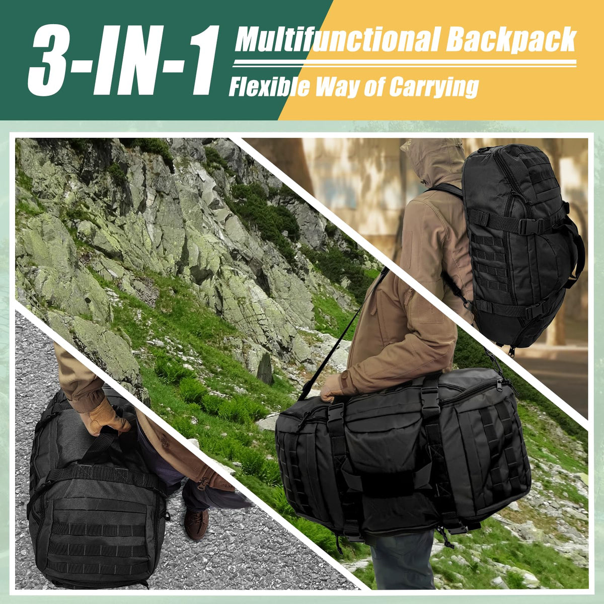 EASY BW 55L Large Travel Gym Duffle Bag Military Tactical Backpack, Army Pack 3 Day Bug Out Bag Rucksack for Outdoor Sport Hiking Camping with Molle System, Black