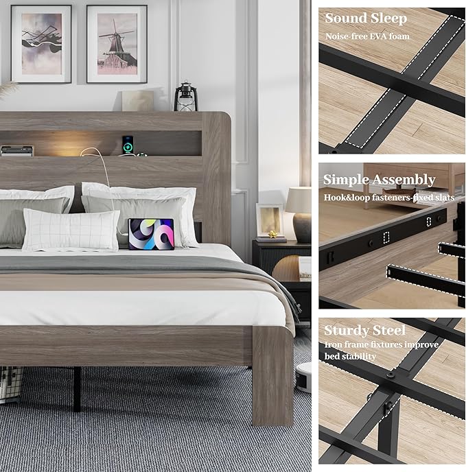 Queen Size Wooden Bed Frame with Bookcace Storage Headboard, Rustic Farmhouse Bedframe with LED Lights and Charging Station, Sturdy and Stable, Slat Support, No Box Spring Required (Light Brown)