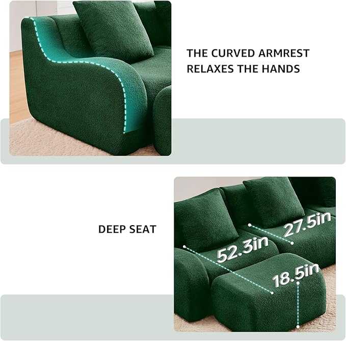 Green U-Shaped Cloud Couch with 2 Ottomans, Modern Teddy Fabric Boneless Sectional Sofa in a Box for Living Room, Modular Floor Couch, Deep Seat, No Assembly Required, Sofas para Sala
