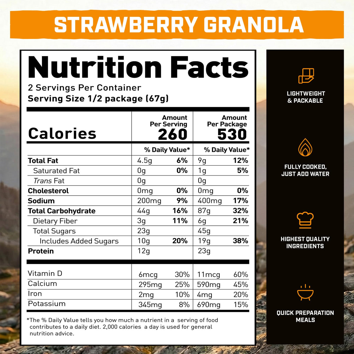 Peak Refuel Strawberry Granola 2-Pack | Freeze Dried Backpacking, Camping & Emergency Prep Food | 2 Servings Pouches