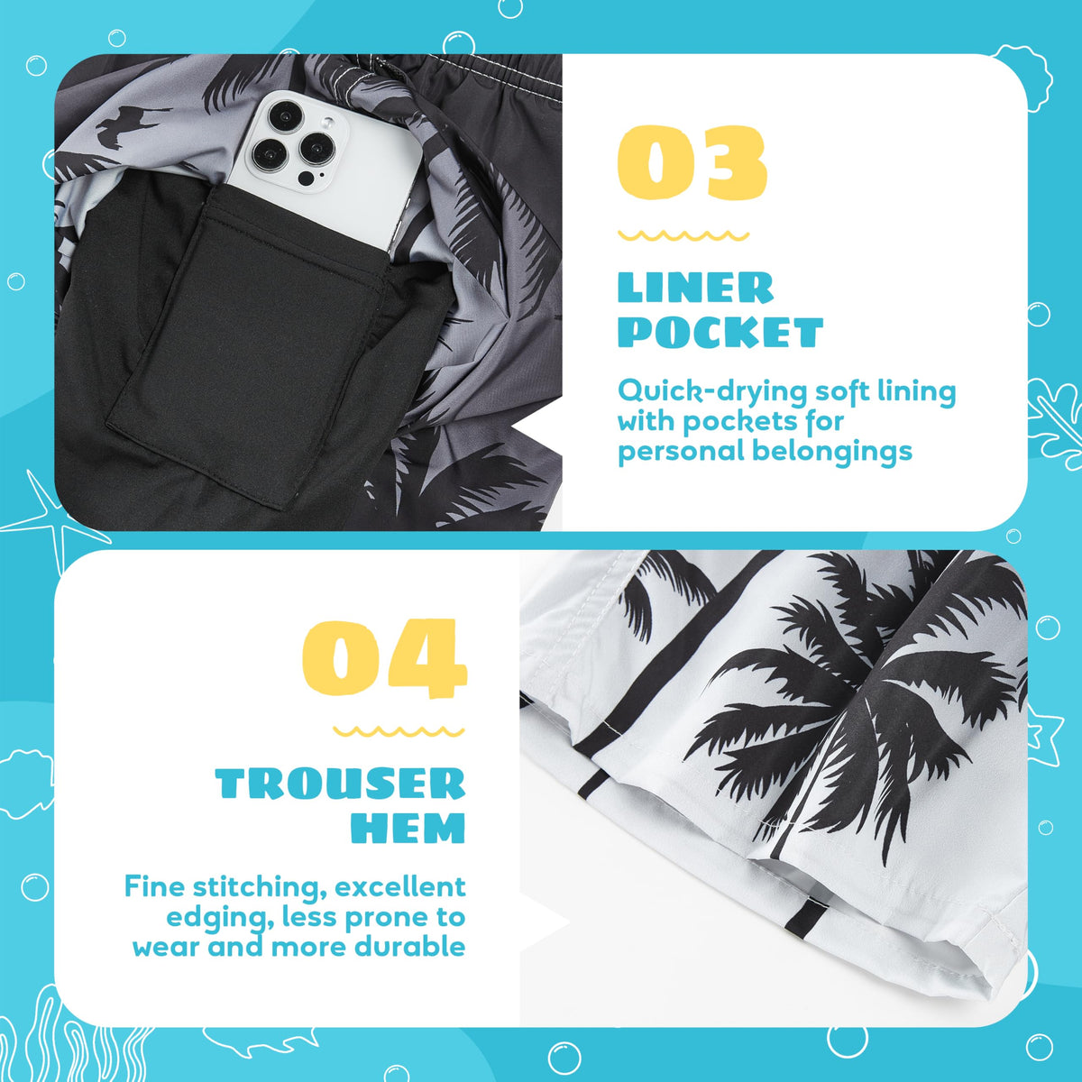 Boys Swim Trunks with Compression Liner Anti-Chafe, Boys Bathing Suit with Boxer Brief Liner, Black Palm Tree Boy Swim Shorts Swimwear, Quick Dry UPF 50+ 4 Way Stretch Boy's Board Shorts, XL