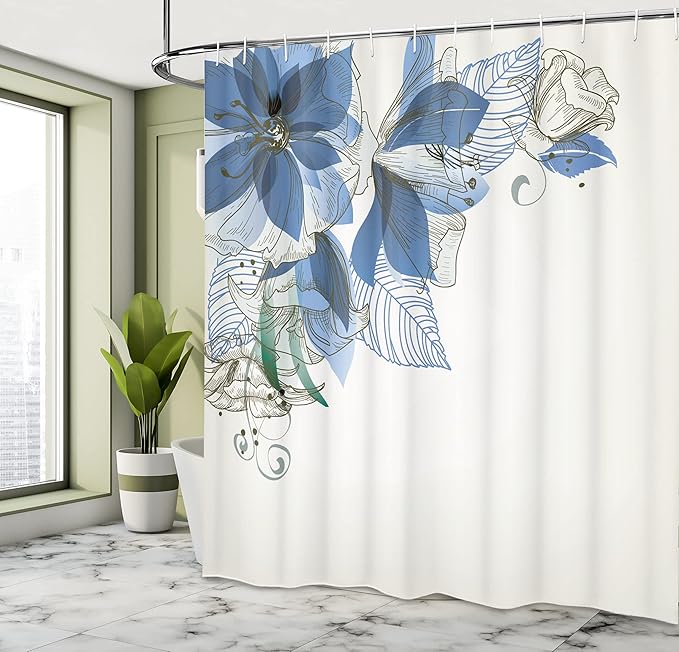 Ambesonne Flowers Shower Curtain, Buds Leaf at The top Left Corner Season Celebrating Theme Illustration, Cloth Fabric Bathroom Decor Set with Hooks, 69" W x 70" L, Azure Blue White
