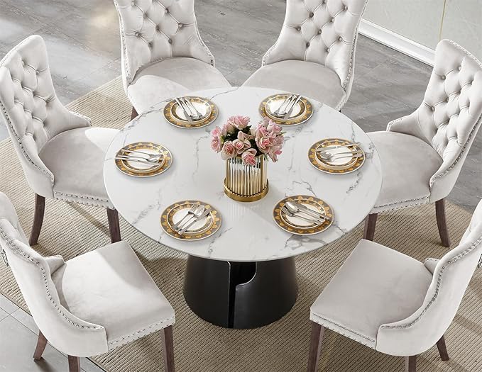 7-Piece Faux Marble Round Dining Table Set for 6, Modern Luxury Kitchen Table Set for 6 with Beige Tufted Chairs,Circle Dining Tables with White Marble Grain Top and Black Pedestal Base