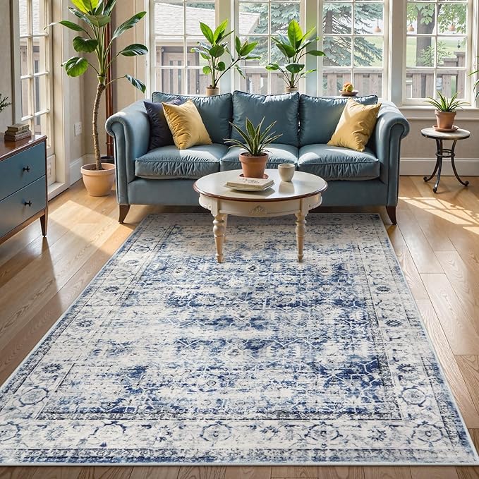 Lahome Washable Rugs 5x7 Area Rugs,Blue Rug for Bedroom Soft Rug for Bedroom Aesthetic Boys,Retro Distressed Non Slip Throw Carpet Dining Room Rugs for Under Table