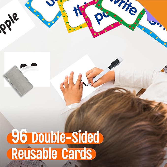 First Sight Word Cards, 100 First Word Cards & 96 Double-Side Erasable Blank One Pocket Chart Cards for Beginning Reading, Sight Reading, Early-Reading, Students Classroom Home School Use