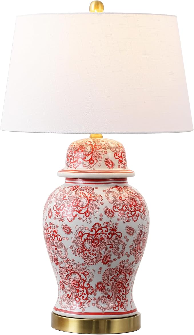 JONATHAN Y 29.5" Red/White Ceramic Table Lamp for Living Room and Office, White Linen Drum Shade, Traditional Chinoiserie Ginger Jar Lamp, LED Bulb Included (JYL3008C)