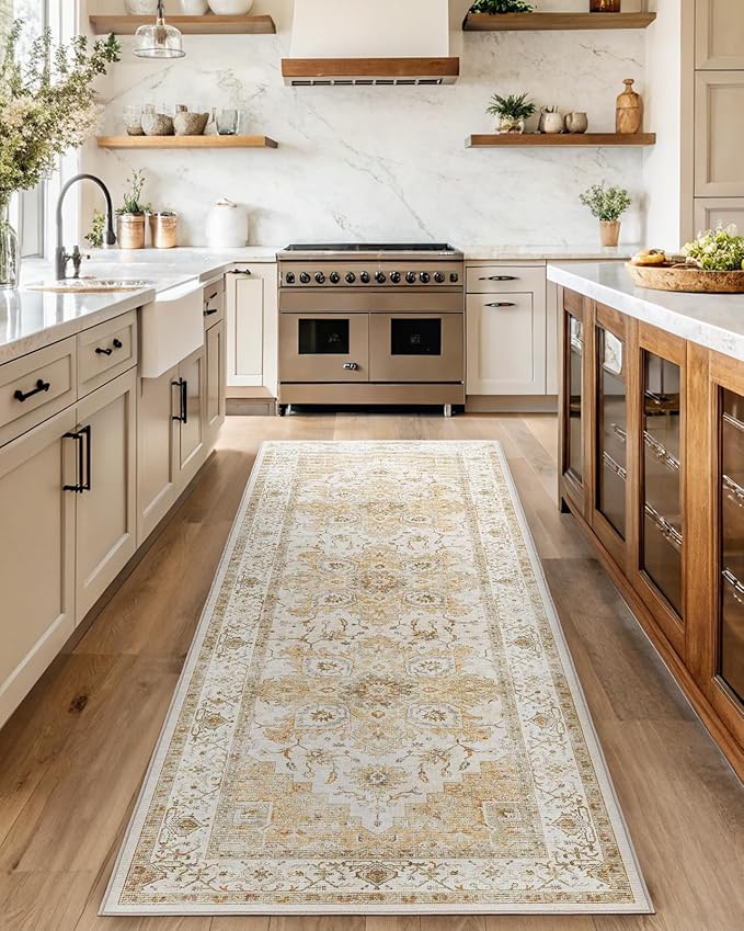 AMADA HOMEFURNISHING 2.7x10 Washable Runner Rug, Low-Profile Kitchen Rugs with Non-Slip Backing & Durable Edge Binding, Vintage Entryway Runner Rug for Bedroom & Hallway, Beige