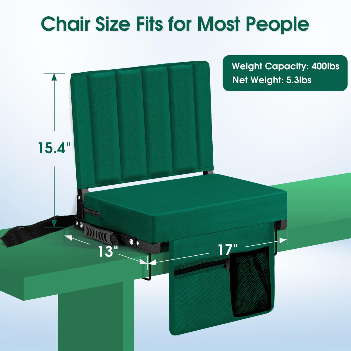 Halituny Stadium Seat for Bleachers with Back Support, Portable Bleacher Seat with Wide Comfy Padded Cushion, Metal Hook, Folding Stadium Chair with Shoulder Strap, Carry Handle, Cup Holder, Green