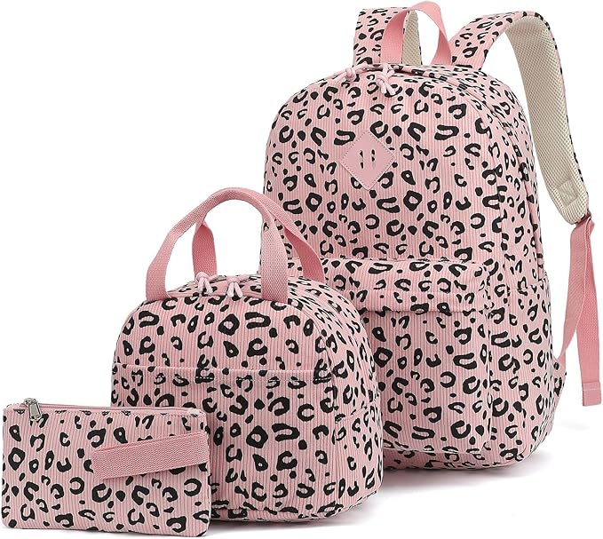 Corduroy Girls Backpack Set, 3PCS School Backpacks for Kids Elementary Middle School Bags with Lunch Box Pencil Case (Pink Corduroy Leopard)