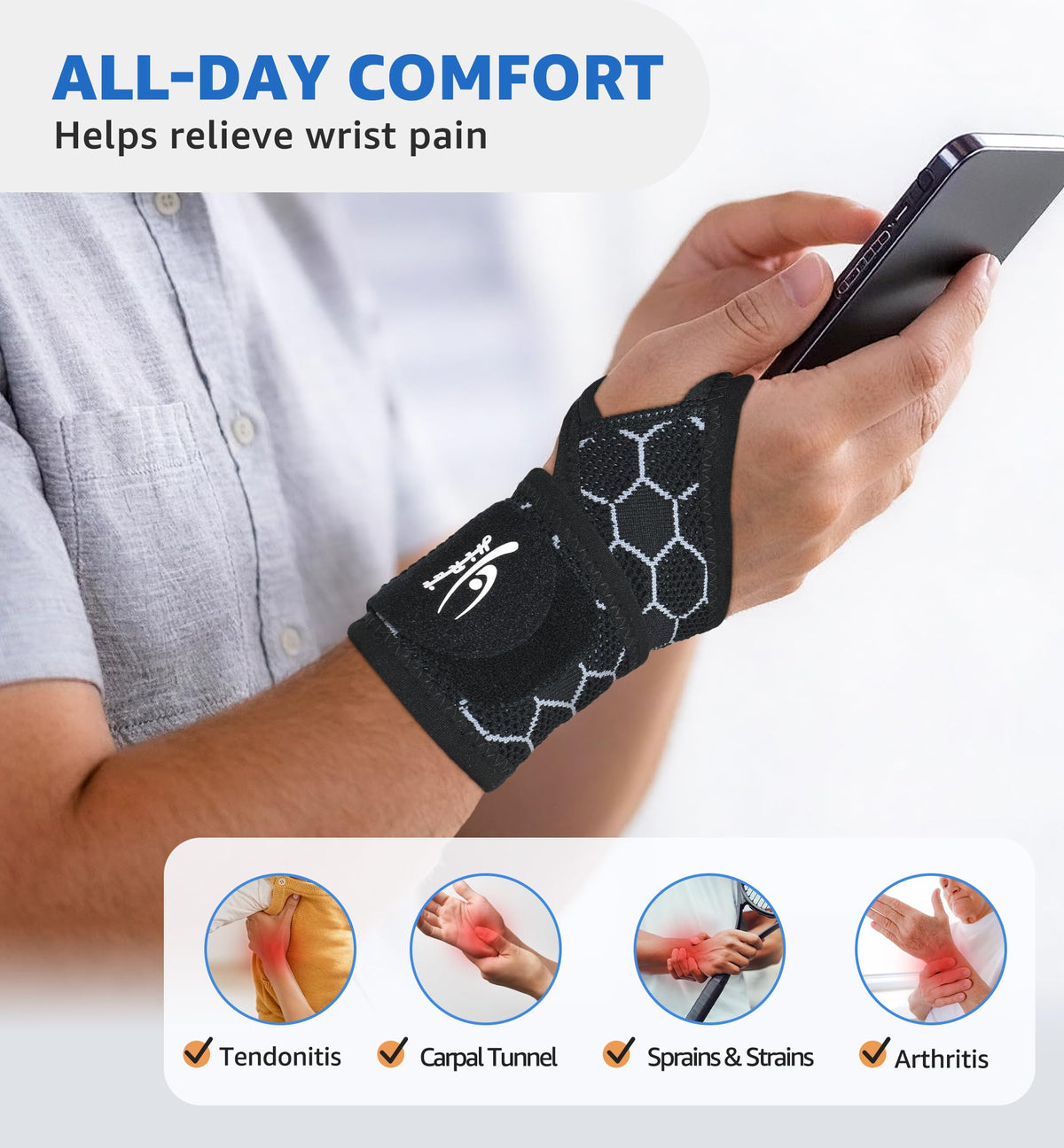 HiRui Upgraded 3D Knit Breathable Wrist Brace Wrist Wrap, Extended Length Adjustable Compression Strap, Elastic Support for Wrist Pain Relief, Carpal Tunnel, Sports, Gym & Daily Use (1, Black)
