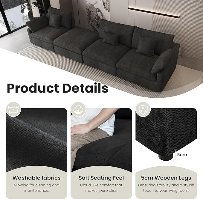 WJShome 160" Cloud Couch Sectional for Living Room, Down Filled Modular Sectional Sofa,4 Seater Convertible Couch, Sofa Covers Washable&Replaceable,Black