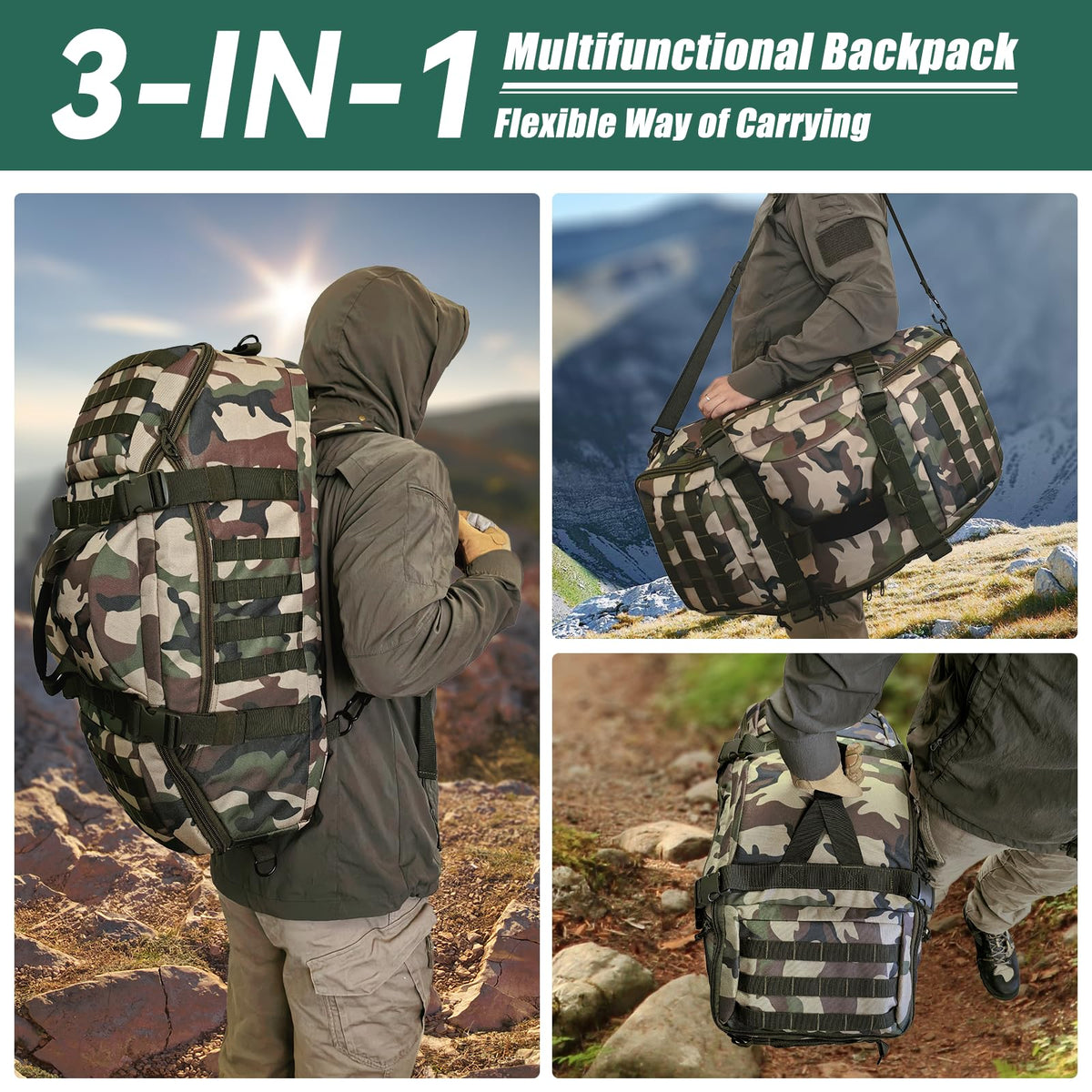 Hannibal Tactical 55L Large Duffle Bag, 3-in-1 Tactical Backpack MOLLE Pack for Sports, Gym, Outdoor, Woodland