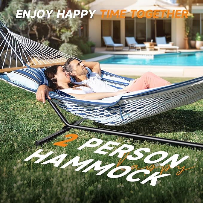 2 Person Outdoor Hammock with Stand, Cotton Rope Hammock with Polyester Pad, Adjustable Steel Frame, Portable with Carrying Bag – for Patio, Backyard, Garden, Beach, Blue Stripe