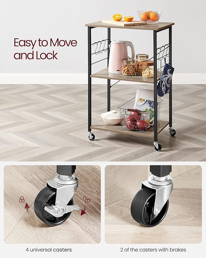 VASAGLE Kitchen Shelf on Wheels, 23.6 Inches Serving Cart with 3 Shelves, Kitchen Cart, Microwave Shelf, for Mini Oven, Toaster, with 6 Hooks, Industrial Style, Heather Greige and Ink Black UKKS060B02