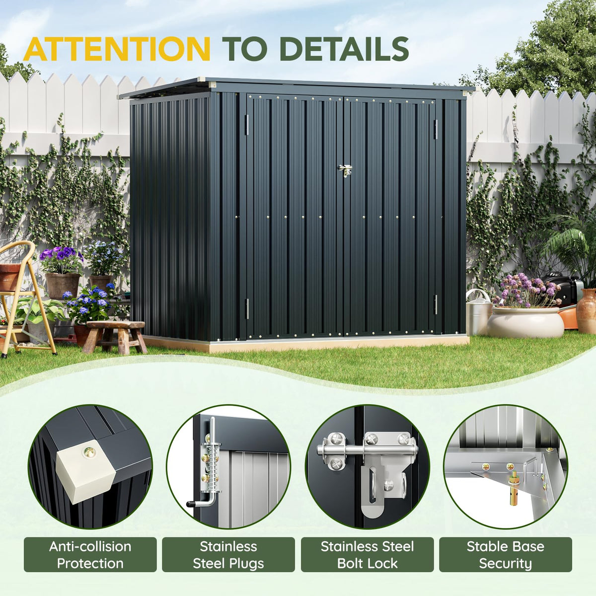 Grovellis Outdoor Trash Can Storage Shed 6x3 FT, Metal Garbage Bin Enclosure with Lift-Up Lid & Gas Strut, Lockable Double Doors, Sloped Roof Waterproof Steel Trash Can Cover for Backyard Patio Garden