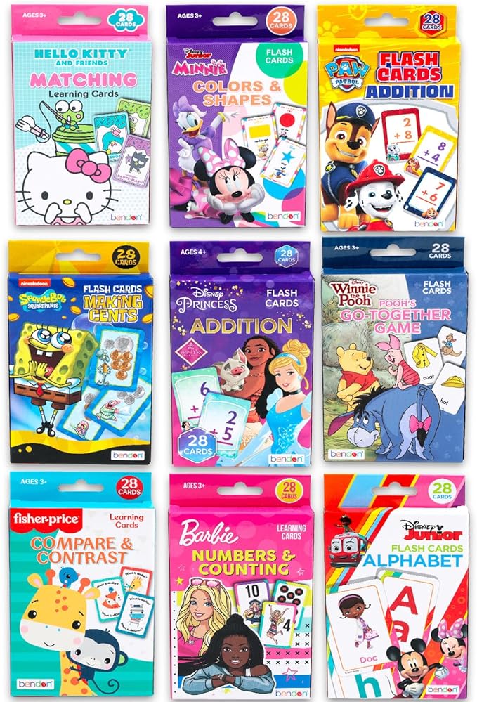 Bulk Licensed Flash Cards for Toddlers - 9 Packs of Flashcards Learning Set Featuring Hello Kitty, Paw Patrol, Spongebob, Disney Princess, More | Kindergarten Preschool Learning