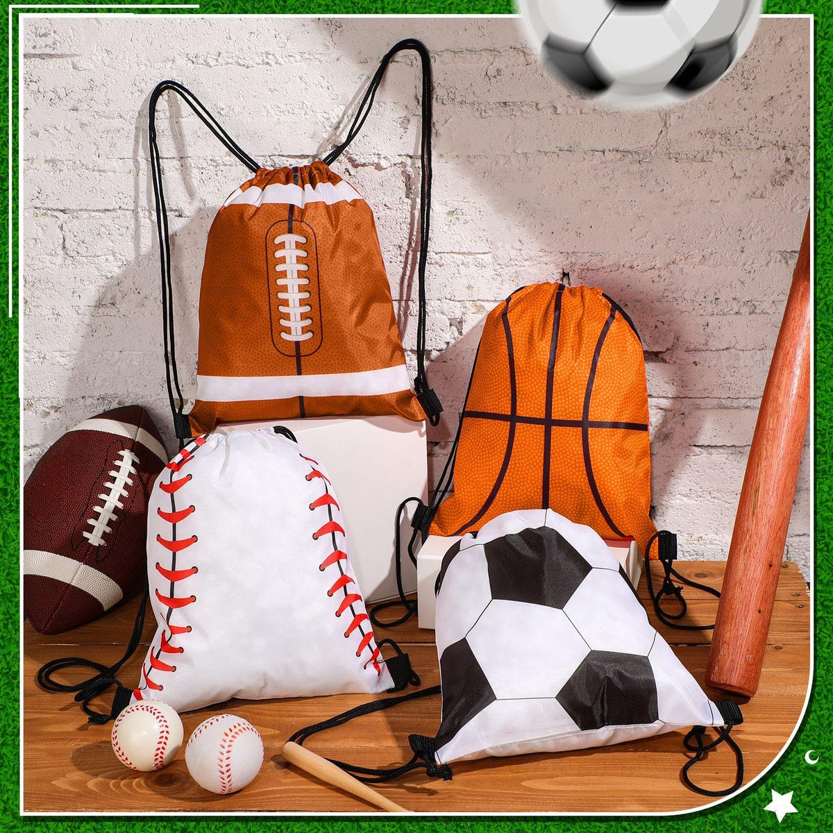 Censen 24 Pcs Drawstring Bags Set Bulk 12 x 10 Inch Waterproof Beach Bag for Soccer Baseball Basketball Football Gift Party (Sport Style)