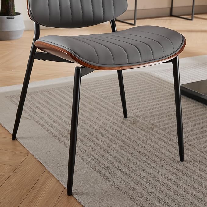 Dining Chairs Set of 4, Mid-Century Modern Upholstered PU Leather Chairs with Walnut Bentwood Back and Metal Legs Adjustable Feet for Kitchen Dining Room, Gray Vertical Stripes
