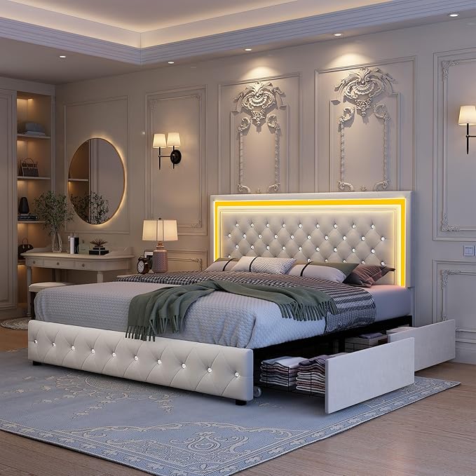 Queen led Bed Frame with 4 Drawers, Upholstered Platform Bed with Solid Wooden Slats Support, No Box Spring Needed, 900 lbs Capacity, Easy Assembly, Velvet Cream