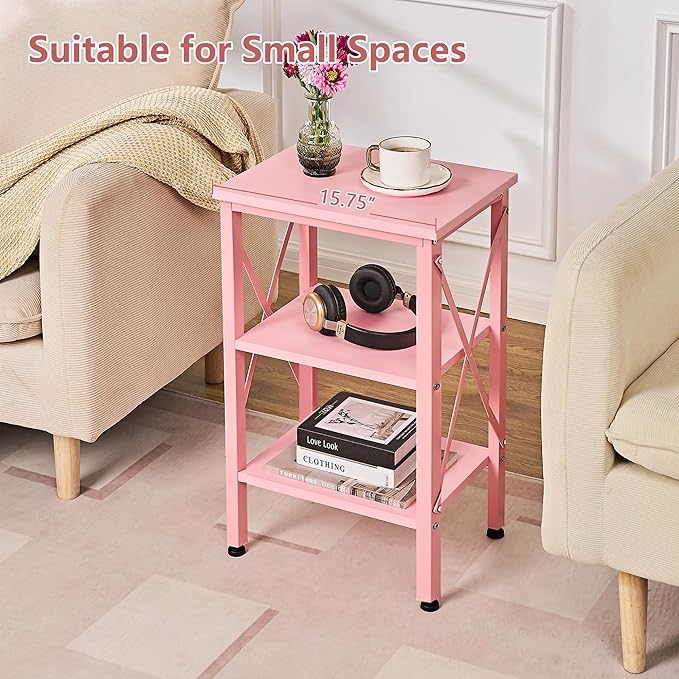 VECELO End Table, Bedside Table, 24" Tall Living Room End Tables, X-Design Reinforced Nightstands, Side Table with 3-Tier Storage Shelves for Small Spaces, Office, Bathroom, Bedroom, Pink