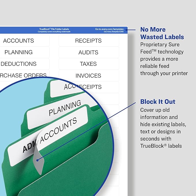 Avery File Folder Labels with TrueBlock Technology, Permanent Adhesive, 2/3" x 3-7/16", Laser/Inkjet, 5-Pack, 3,750 Labels Total (08366)
