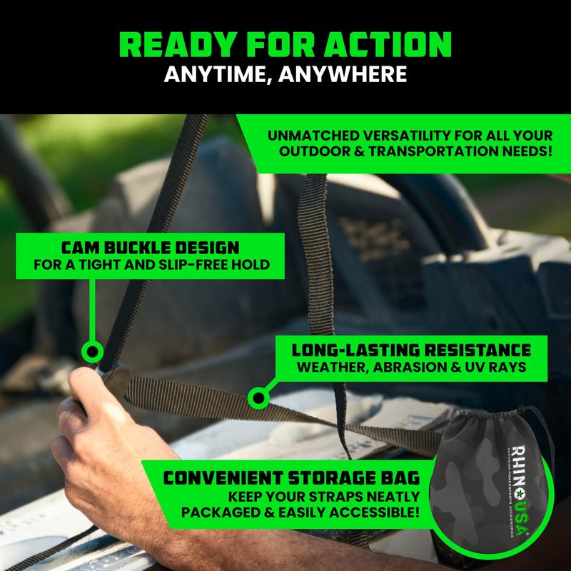 Rhino USA Lashing Straps Cargo Tie Downs (4PK) - 1,320lb lab Inspected Max Break Strength, Includes (4) Heavy Duty 1in x 12ft Cam Buckle Pull Straps. Best for Kayak, Cooler, Cargo
