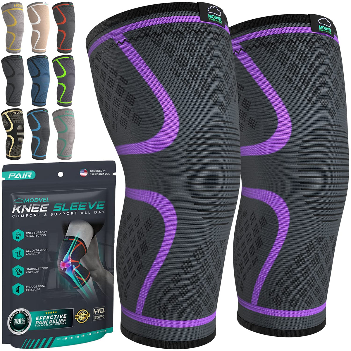 Modvel Compression Knee Brace for Women & Men - 2 Pack Knee Brace for Women Running Knee Pain, Knee Support Compression Sleeve, Workout Sports Knee Braces for Meniscus Tear ACL & Arthritis Pain Relief