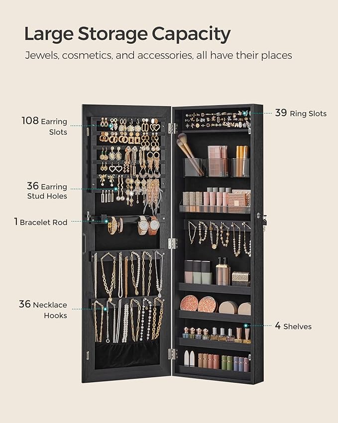 SONGMICS Mirror Jewelry Cabinet Armoire, Wall or Door Mounted Jewelry Storage, Hanging Lockable Frameless with 2 Plastic Cosmetic Organizers, Gift Idea, Black UJJC001B01