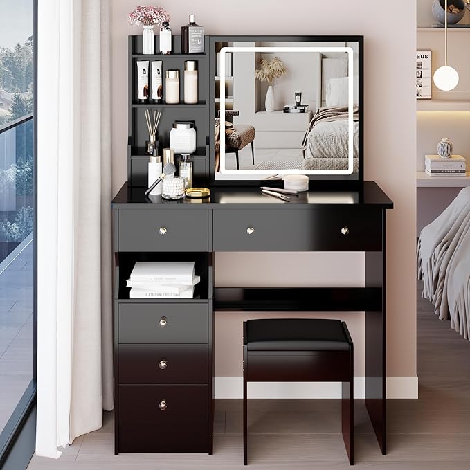 37" Vanity Desk with Mirror and Lights, Makeup Table with Led Lights and Sliding Mirror, 3 Lighting Colors, Vanity Set with 6 Drawers and Stool for Bedroom, Black