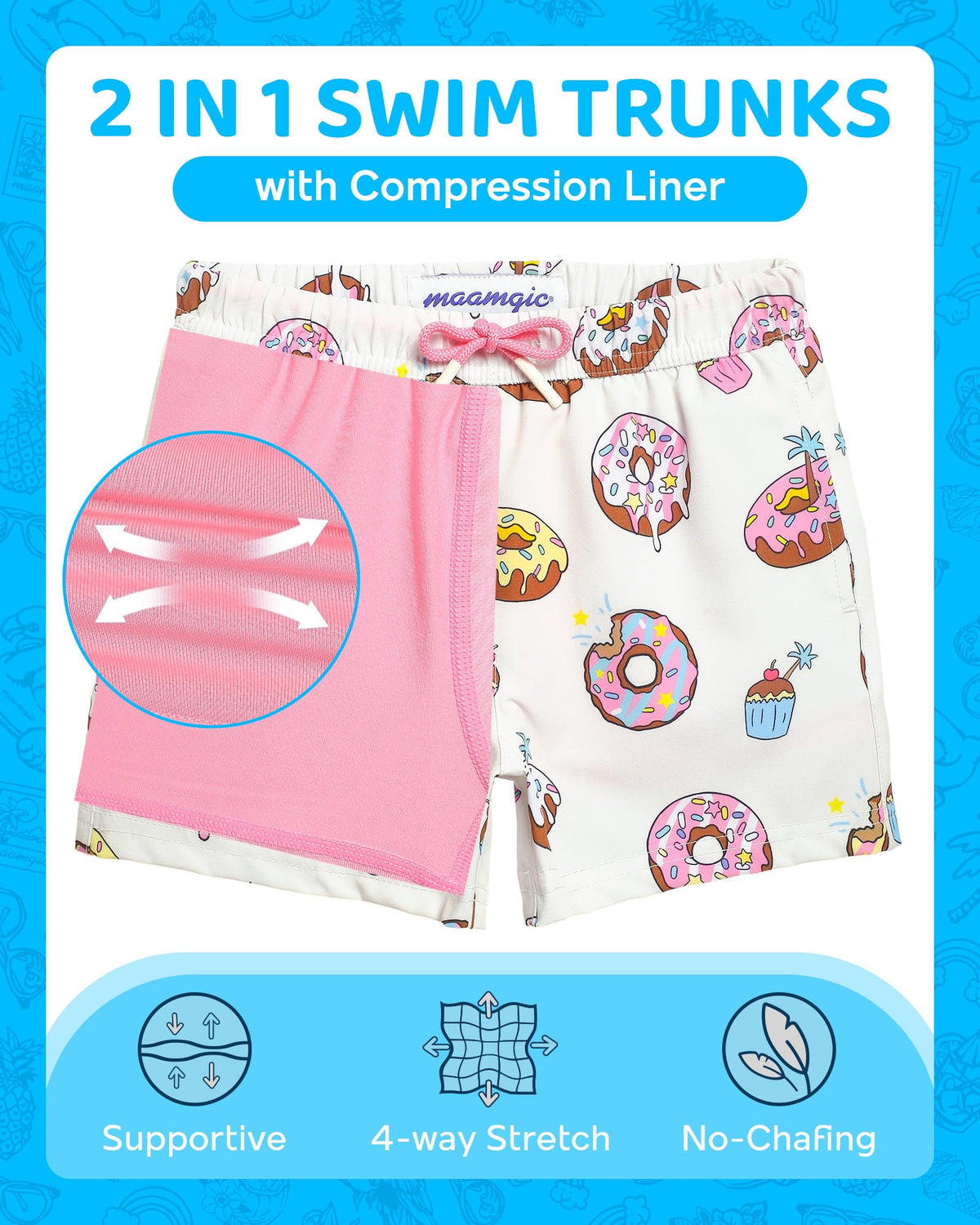 maamgic Boys Swim Trunks with Compression Liner 4-Way Stretch Quick Dry Swim Shorts Swimming Trunks Toddler Donut White 3T