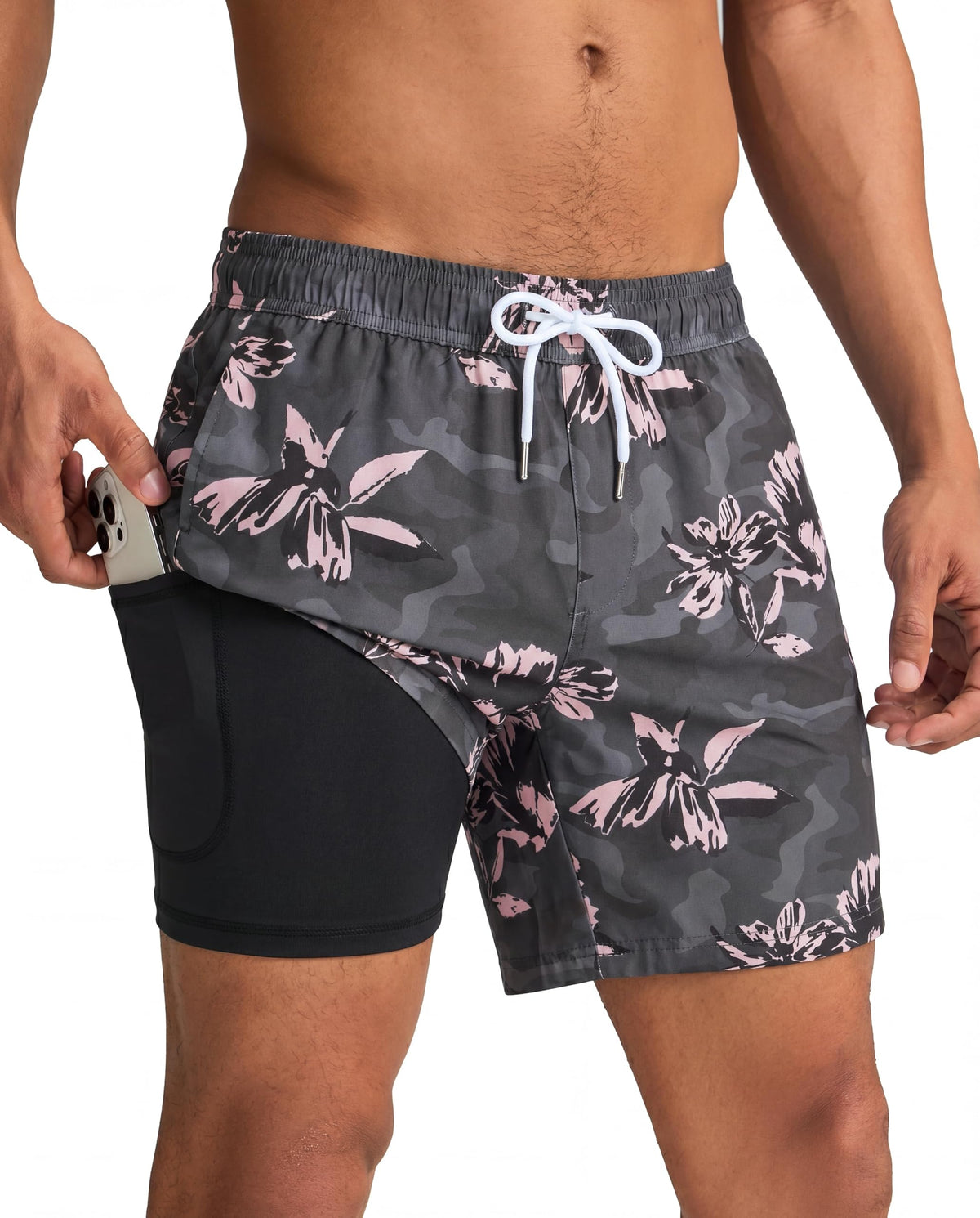 maamgic Mens Swim Trunks with Compression Liner 5 Inch, Quick Dry Bathing Suit with Zipper Pockets, Stretch No-Chafing Swim Shorts, Dark Grey- Pink Poppy Flowers X-Large