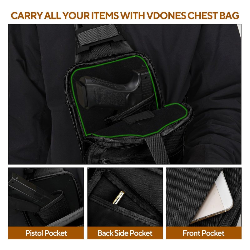 Vdones CCW Concealed Carry Chest Bag with Gun Holster, Adjustable Tactical Sling Bag Crossbody EDC Gun Carry Bag for Men