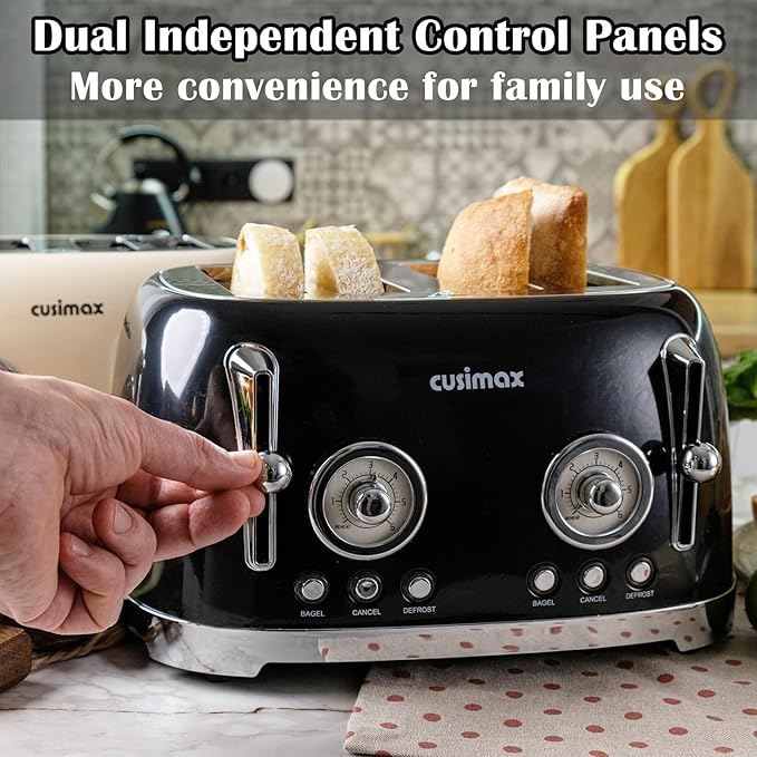 CUSIMAX Toaster 4 Slice with Wide Slots for Bagels, Black & Silver