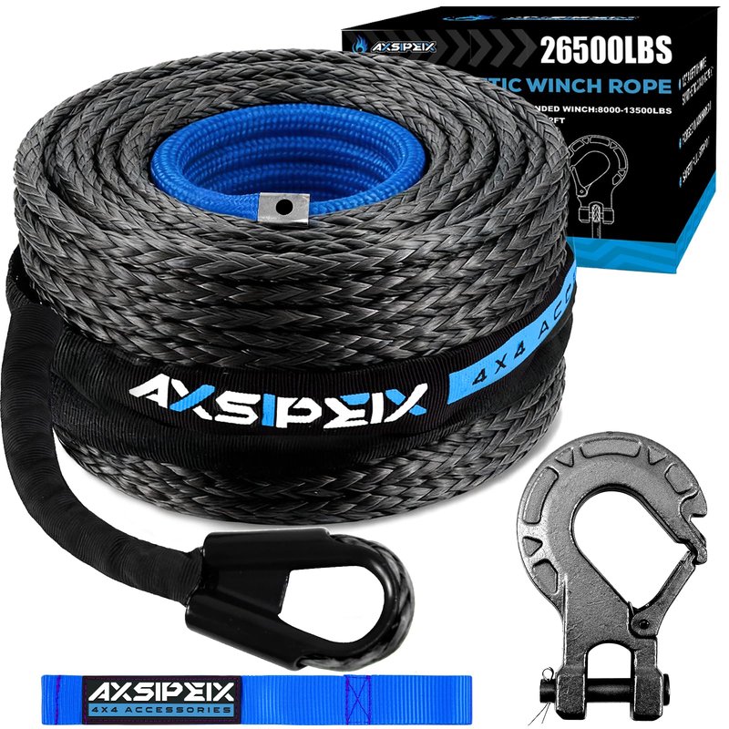 Synthetic Winch Rope Kit, 3/8" x 92ft 26500LBS Blue+Black Winch Cable with Protective Sleeve, Forged Winch Hook and Safety Pull Strap 4WD Off Road Vehicle SUV Truck